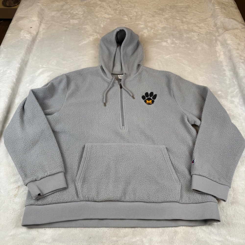 Champion Mens XL Gray Sherpa Fleece Quarter Zip Hoodie Mizzou 90s Logo
